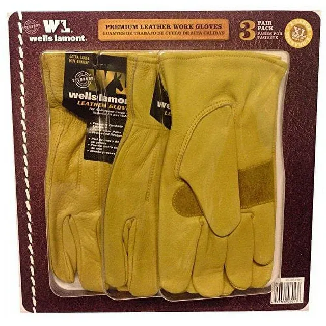 Wells Lamont Leather Premium Work Gloves 3 Pair Pack