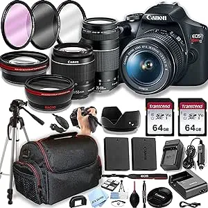 Canon EOS Rebel T7 DSLR Camera w/EF-S 18-55mm F/3.5-5.6 Zoom Lens + 75-300mm F/4-5.6 III Lens + 128GB Memory,Case, Tripod, Spare Battery - Professional Photo Accesory Bundle