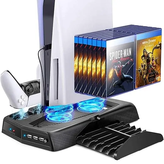 UeeVii PS5 Vertical Stand with Cooling Fan Dual Charging Station Dock for Playstation 5 Digital Edition and DualSense 14 Retractable Game Storage 3 US