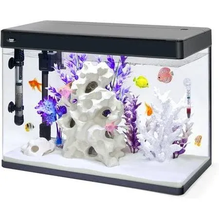 Premium Fish Aquarium Kit, Complete Glass Fish Tanks Set with LED, Filtration System & Set, Hood & Lid, Bubbler Kit, Heater, Thermometer & Net, Ideal for Freshwater/Marine Fish, 21 Gallon