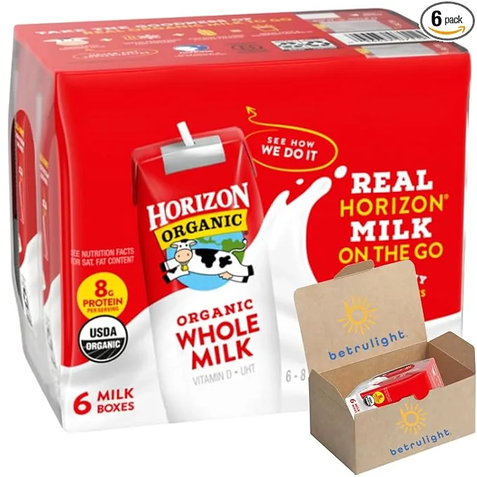 Whole Milk boxes Organic Shelf-Stable Milk Whole, Horizon Whole Milk Single Serve, 8.0 Fl OZ Bundled with a BETRULIGHT Fridge Magnet – 6 Pack