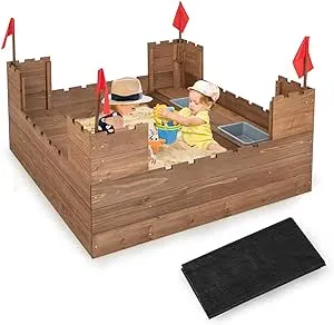 Kids Wooden Sandbox with Bottom Liner and Red Flags