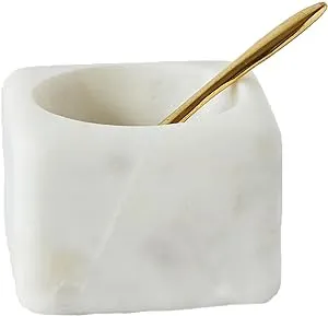 Creative Co-Op Square Marble Bowl with Brass Spoon, White