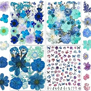 150PCS Blue Dried Pressed Flowers with Butterfly Stickers - YouthBro Real Nature Flowers Herb Set for Resin DIY Jewelry Candle Soap Vase Making Nail Card Scrapbook Art Craft Floral Decors