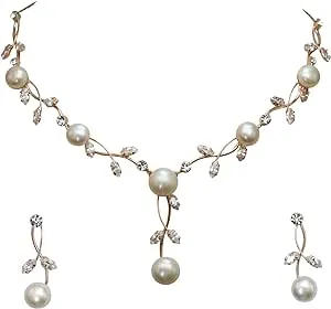 Faship Gorgeous CZ Crystal Genuine Freshwater pearls Floral Necklace Earrings Set Women's