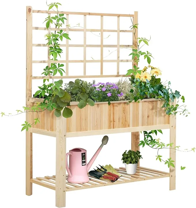 Outsunny 47'' Wooden Raised Garden Bed with Trellis, Coutryside Style Elevated Planter Box Stand with Open Storage Shelf, Spacious Planting Area for Vegetables, Herbs, Flowers