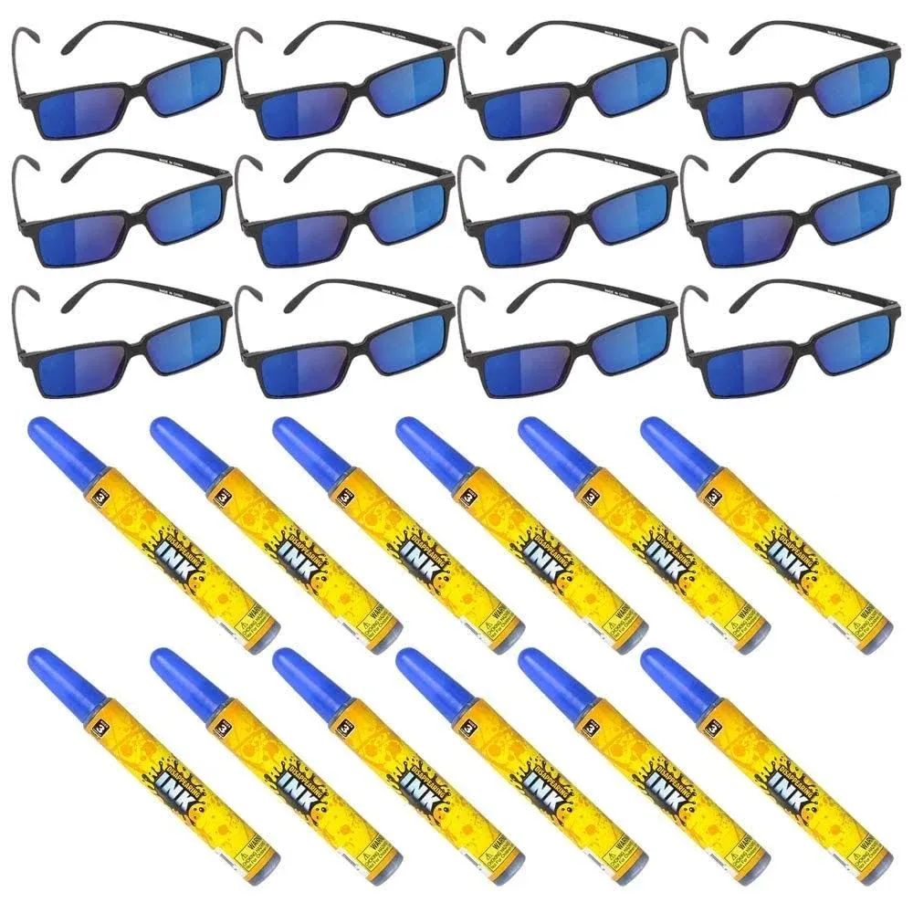 24 PC Spy Secret Agent Party Supplies Party Favor - 12 Spy Glasses, 12 (4.5-Inch) Disappearing Ink Pen Tubes - Detective, Prizes, Treasure Box