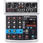 BOMGE 4 Channel mini DJ Audio Sound Mixer Interface with MP3、 USB, Bluetooth, Stereo Recording, 48V Phantom Power, 24 DSP for karaoke, performance, church singing 、 podcas streaming- white