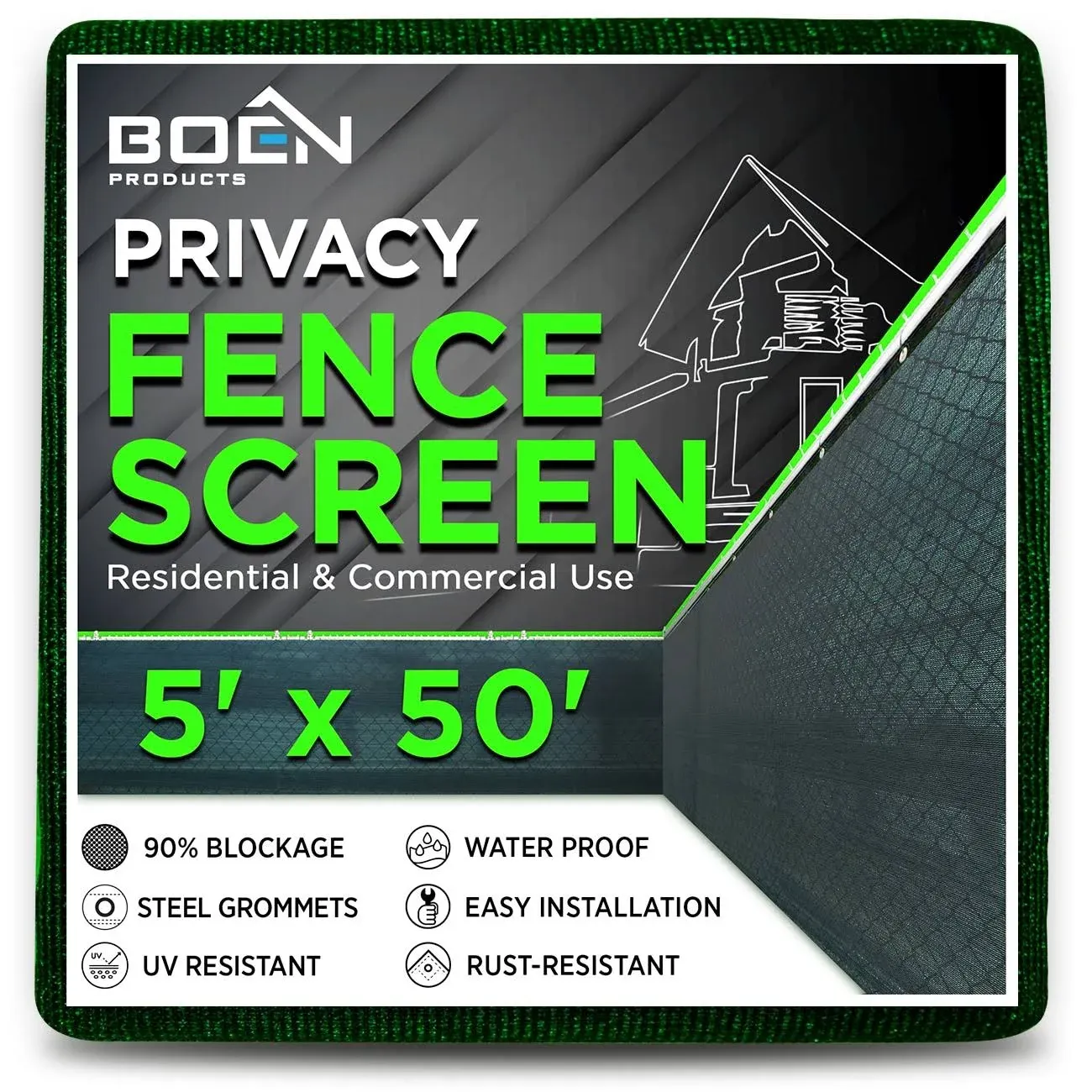 Boen Privacy Fence Netting Green 5' x 50' w/ Reinforced Grommets