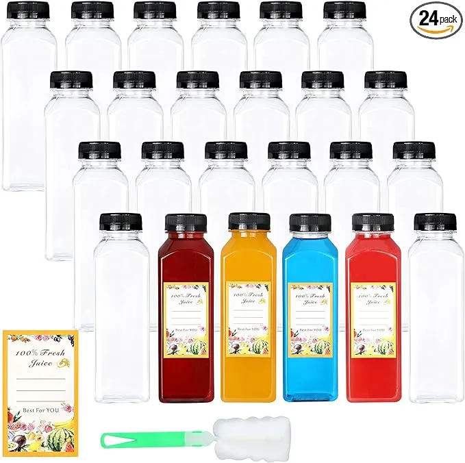 24Pcs12oz Empty Juice Bottles with Caps, Premium Reusable Plastic Bottles Juice Container Transparent Black Leak-proof Lids for Drink Juice Smoothie Milk Beverages Water