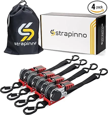 Strapinno Retractable Ratchet Straps 1 in x 10 ft, Secure Tie-Downs with Rubber-Coated Steel Handles, for Motorcycle, Jetski, Kayak, Breaking