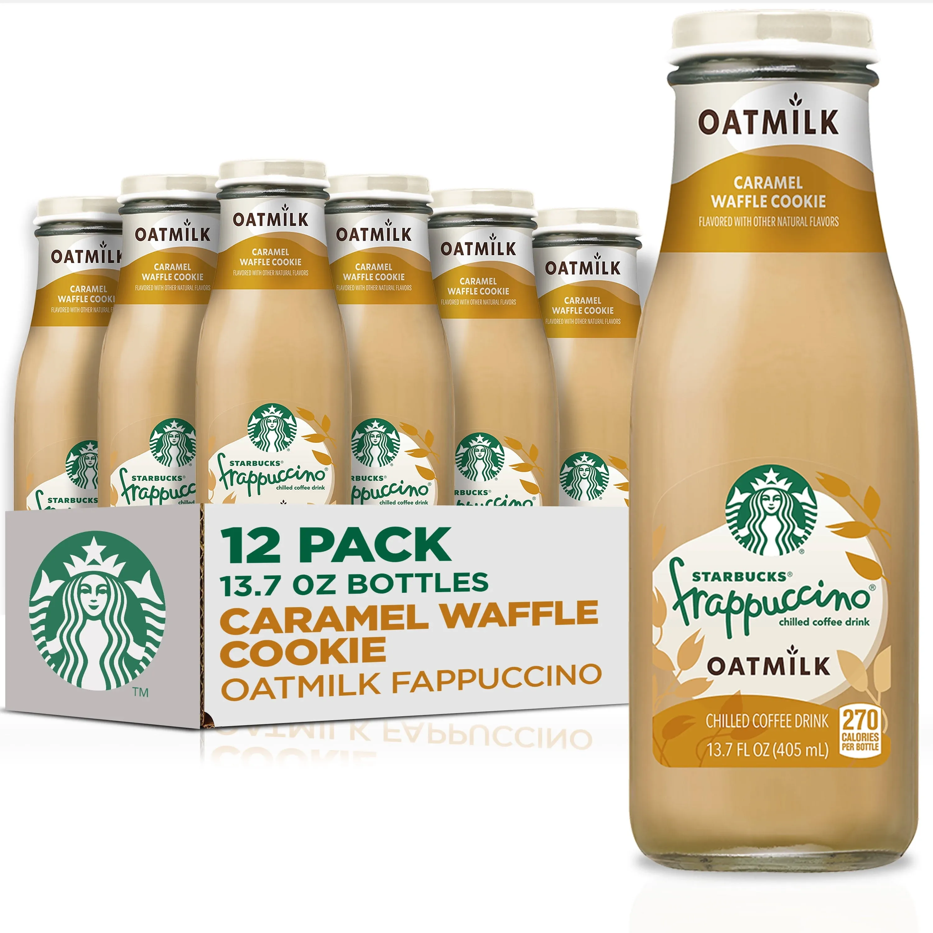 Starbucks Oatmilk Frappuccino, Coffee Drink, Caramel Waffle Cookie Oat Milk, 13.7 fl oz Bottles (12 Pack), Iced Coffee