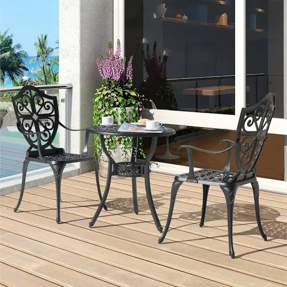 Nuu Garden 3-Piece Black Cast Aluminum Patio Bistro Set - Vintage-Inspired Flower