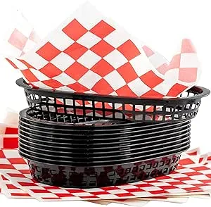 Retro Style Black Fast Food Basket (6 Pk) and Red Checkered Deli Liner (60 Pk) Combo. Classic 11 In Deli Baskets Are Microwavable and Dishwasher Safe. Disposable Deli Paper Squares for Easy Cleanup