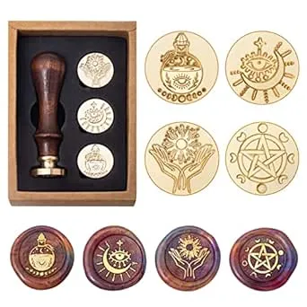 Wiccan Wax Seal Stamp Set, Pagan Pentagram Moon Phases Sealing Stamp Head, Vintage Evil Eye Triple Moon Pentacle and Sun Bottle Pattern Kit with Gift Box for Letter Envelope Witchcraft Invitation Card