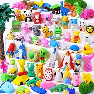 WITALENT 60 Pcs Animal Pencil Erasers Puzzle Take Apart Mini Erasers Treasure Box Toys for Classroom Rewards Prizes Desk Pets for Kids Gifts Back to School Supplies