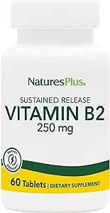 Natures Plus Vitamin B2 (Riboflavin) - 250 mg, 60 Vegetarian Tablets, Sustained Release - Natural Energy & Metabolism Booster, Promotes Overall Health - Gluten-Free - 60 Servings