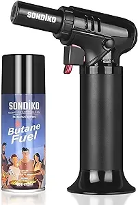 Sondiko Kitchen Torch with Butane Included, Butane Torch Lighter Blow Torch with 175 Ml Butane Refill for BBQ, Creme Brulee, Black