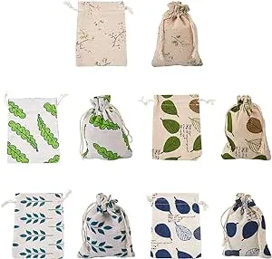 KISSITTY 50pcs Leaf & Flower Pattern Printed Drawstring Bags Gift Packing Pouches Cloth Storage Bags for Jewelry Gifts Birthday Party Favors Wrapping 5.11-5.51x3.74-3.93inch