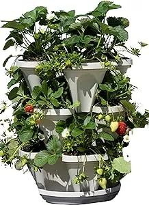 3 Tier Stackable Herb Garden Planter Set with Bottom Saucer - Stone Color - Vertical Container Pots for Herbs, Strawberries, Flowers