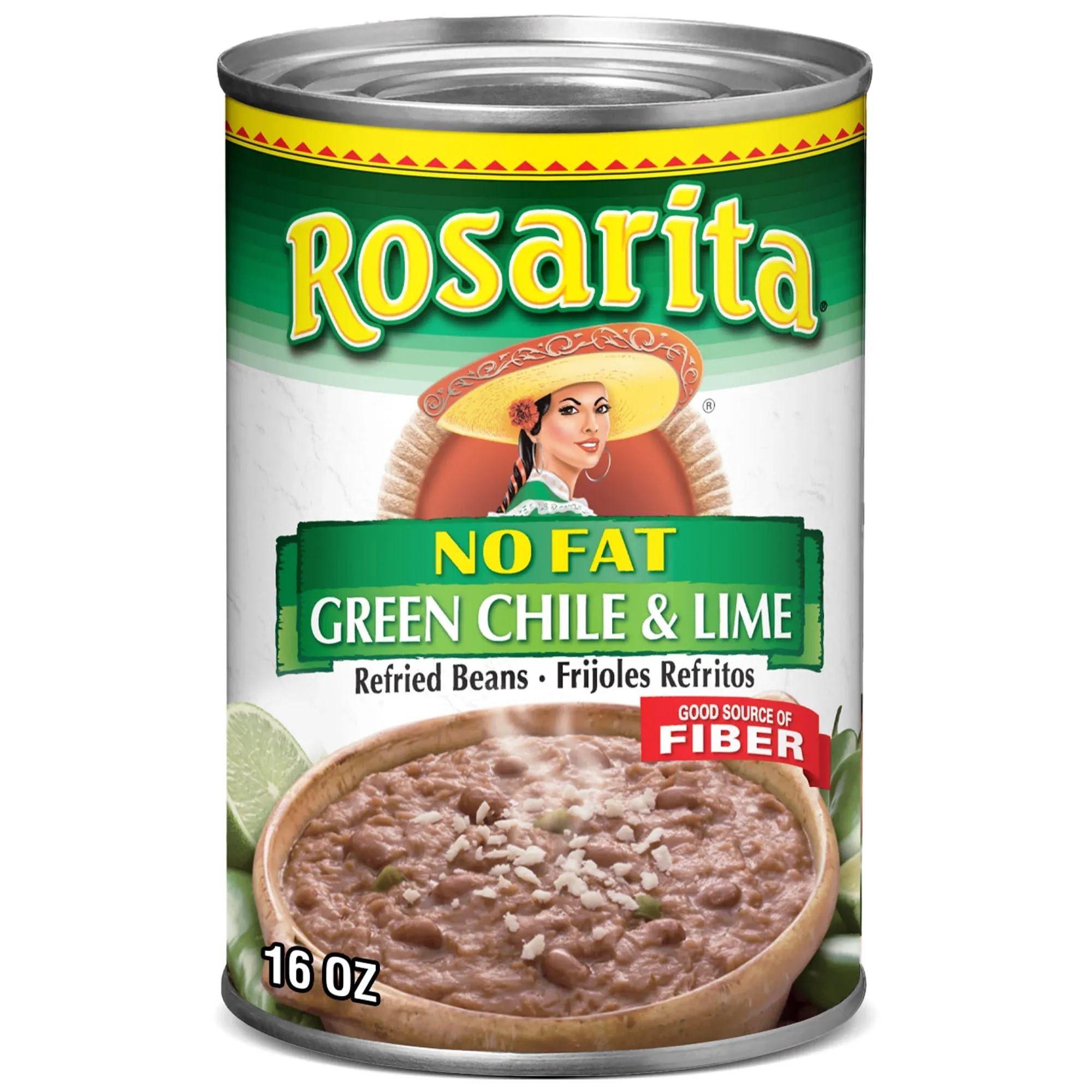 Rosarita Refried Beans, No Fat, Green Chile & Lime - 16 oz