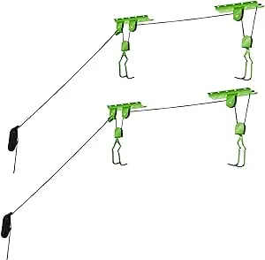 Bike Hanger Set - Set of 2 Overhead Pulley System Bike Hangers for Garage or Shed with 100lb Capacity for Bicycles or Ladders by Rad Sportz (Green)