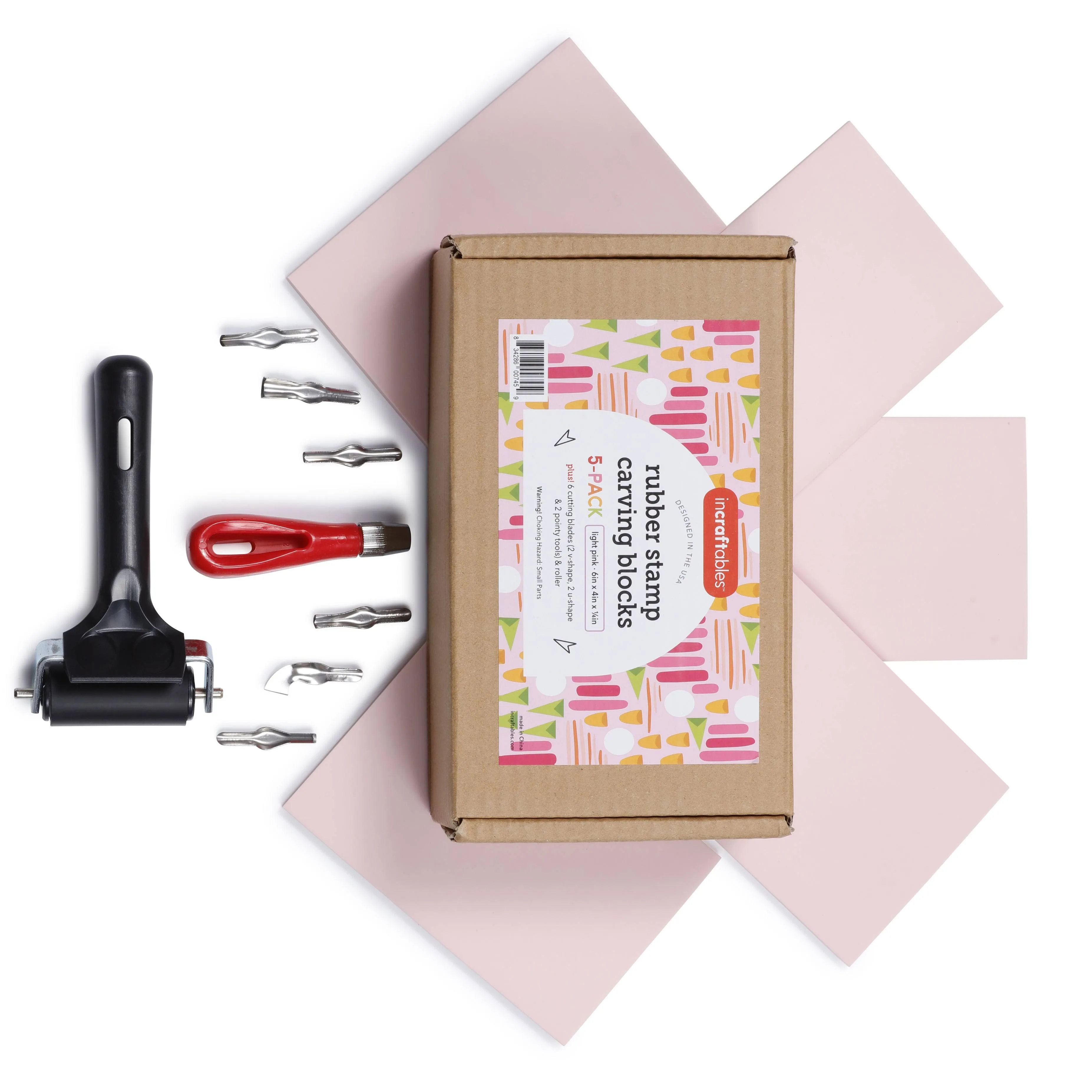 Incraftables Rubber Stamp Kit 5-Pack Linoleum Block Kit w/ Cutting Blades Tools 6pcs Block Printing Kit (6in x 4in x ¼ in) Pink