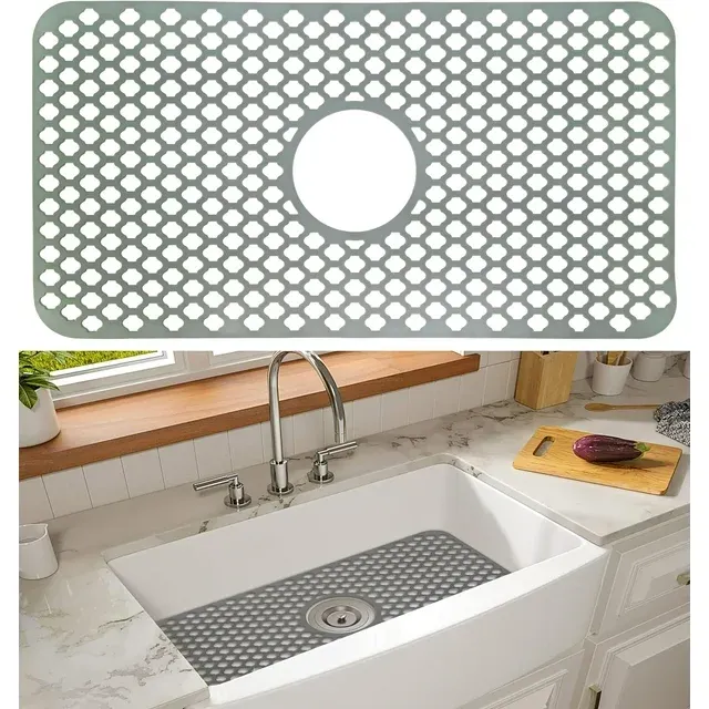 Silicone Sink Mat 24.8"x 13" Kitchen Sink Protector Grid Accessory with Center Drain Non-Slip Foldable Sink Mat for Bottom of Farmhouse Stainless