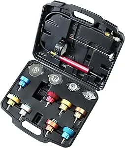 14PCS Radiator Pressure Tester Tool Kit with Aluminium Pump and Metal Adapters, Black