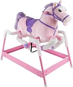 Spring Rocking Horse Plush Ride on Toy with Adjustable Foot Stirrups and Sounds for Toddlers to 5 Years Old by Happy Trails - Pink, Large