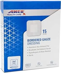 AMERX Bordered Gauze (4x4) – 15 Self-Adhesive Bandages/Box | Water Resistant | Hypoallergenic