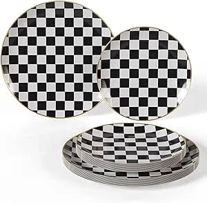 Trendables 80 Pcs Checkered Plates Set - Heavy Duty Dinnerware Sets Black and White Plastic Plates With Gold Rim 40-10" Dinner Plates & 40-8" Dessert Plates - Elegant Disposable Plates For Weddings