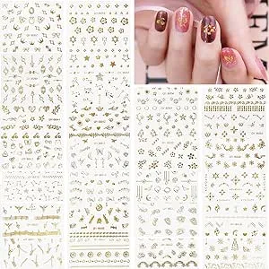 12 Sheets Graffiti Nail Art Stickers 3D White Black Gold Stripe Line Nail Decals Self-Adhesive Abstract Marble Wave Flower Leaf Stickers for Nail DIY Decoration Nail Accessories for Women French Nail