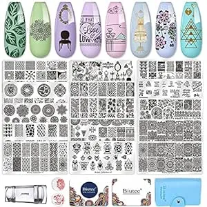 Nail Stamp Kit - Biutee Nail Art Stamping Plate Kit Jelly Silicone Stamper Nail Design Stencils Printer Scraper Storage Bag Tool Set StampTemplate