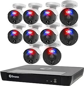 Swann Home Security Camera System with 2TB HDD, 16 Channel 10 Cam, POE Cat5e NVR 4K HD Video, Indoor Outdoor Wired Surveillance CCTV, Color Night Vision, Heat Motion Detection, Flashing LEDs, 1689810