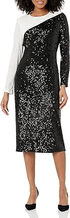 Anne Klein Women's Color Blocked Fitted Sequin Mesh Midi Dress