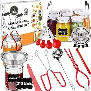 Canning Supplies Starter Kit, Stainless Steel Canning Set Tools: Rack, Ladle, Measuring Spoons, Funnel, Tongs, Jar Lifter, Lid Lifter & Accessories for Canner/Pot, Beginner, Home Canning Kit - Black