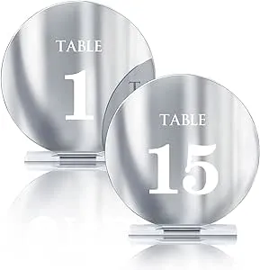 Acrylic Wedding Table Numbers 1-15 with Stands,4.8"Round Mirror Silver Table Number Signs and Holders for Wedding Reception, Party, Event, Centerpiece Decoration(Silver, 1-15)