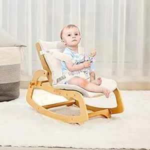 MallBest 3-in-1 Baby Bouncer Adjustable Wooden Rocker Chair Recliner with Removable Cushion and Seat Belt for Infant to Toddler (Blue)