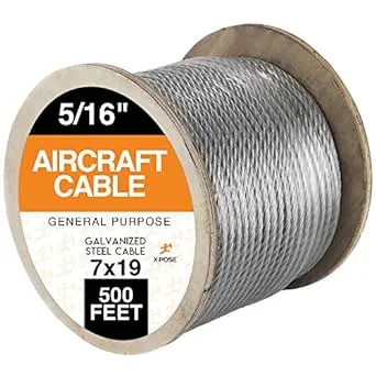 Xpose Safety 7 x 19 Galvanized Steel Aircraft Cable Wire - 5/16inches - 500' Reel ...