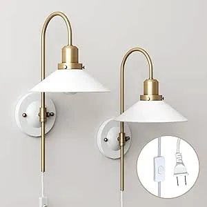 Nathan James Reta Wall Light Fixture, Wall Mounted 1-Light Lamp, Plugin Sconce with White Shade and On/Off Switch for Living Room, Reading Nook or 15101-2