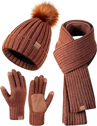 Winter Beanie Hat Scarf Gloves Set for Women, Womens Beanie with Pom Pom Long Scarf Neck Warmer Touchscreen Gloves 3 in 1 Set