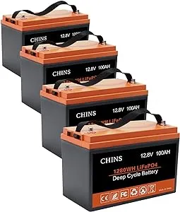 CHINS 4 Pack LiFePO4 Battery 12V 100AH Lithium Battery Perfect for Golf Cart, Trolling Motors, Marine, RV, Solar, Boat and Off-Grid, Built-in 100A BMS, 2000~5000 Cycles