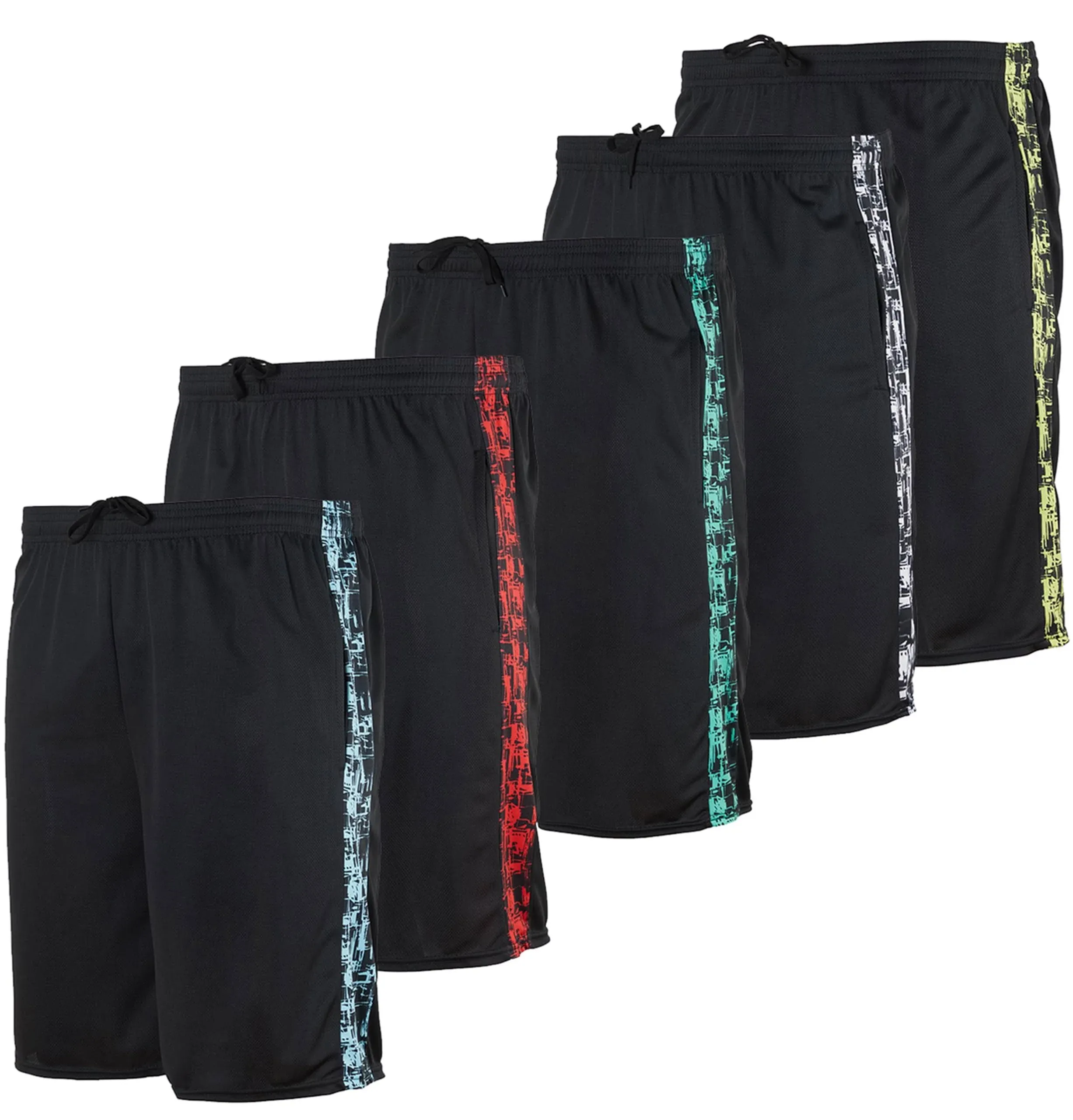 Real Essentials Boys' 5-Pack Mesh Active Athletic Performance Basketball Shorts with Pockets