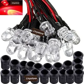 20Pack 10MM 12V White LED Pre Wired Prewired 7.87 Inch Lamp Light Bulb Prewired Emitting Diode& 20Pack Black 10MM LED Plastic Clip Holder Display Panel (Red)