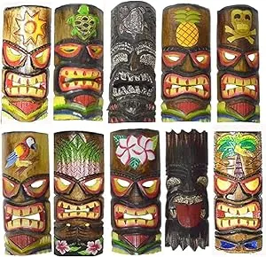 SET OF 10 HAND CARVED POLYNESIAN HAWAIIAN TIKI STYLE MASKS 12 IN TALL