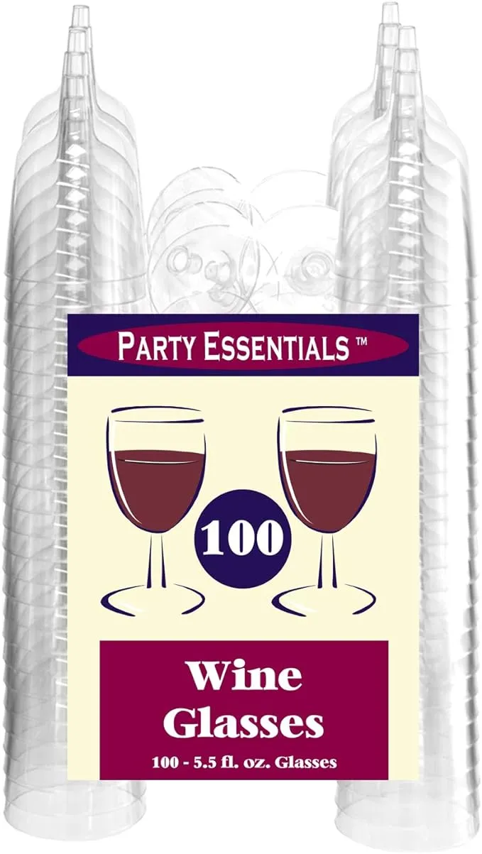 Party Essentials Hard Plastic Two Piece 5.5-Ounce Wine Glasses, Clear, Pack of 50