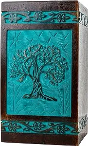 INTAJ Cremation Urn for Human Ashes - Wooden Urn Box for Ashes Handcrafted - Tree of life Memorial Urn Funeral Cremation Urns (Teal Green, X-Large (250lbs or 115kg))