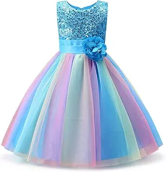 Uhnice Little Girl's Sequin Sleeveless Mesh Rainbow Dress for Wedding Party