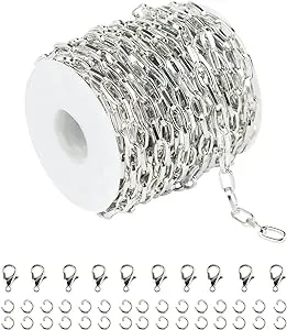 32.8 Feet Aluminum Flat Oval Silver Chains for Jewelry Making Unwelded Paperclip Link Cable Chain Spool Necklace Chains Bulk with Lobster Clasps and Jump Rings